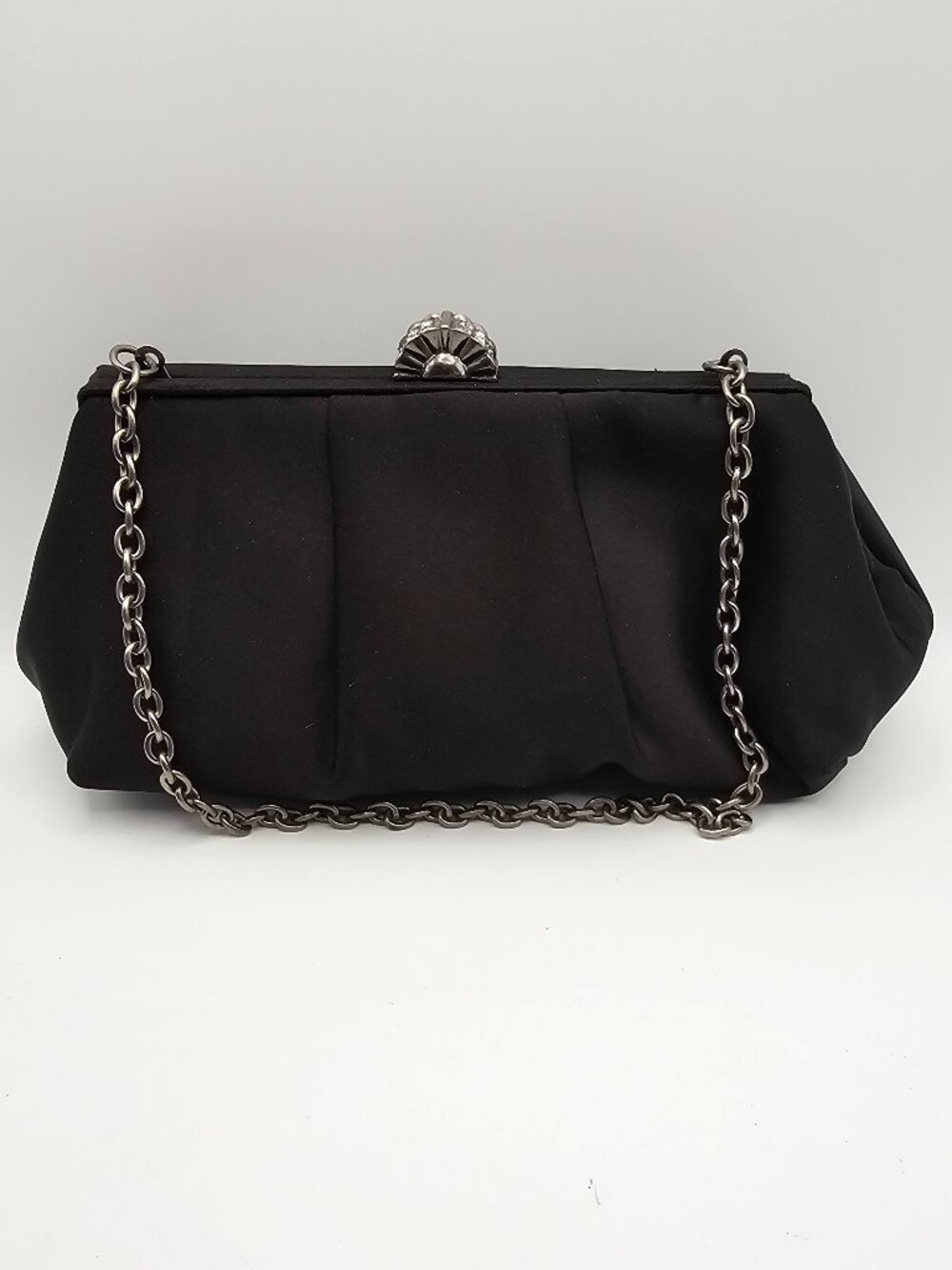 Accessorize Black Satin Pleated Clutch, Rhinestone Art Deco Clasp – Silver Chain